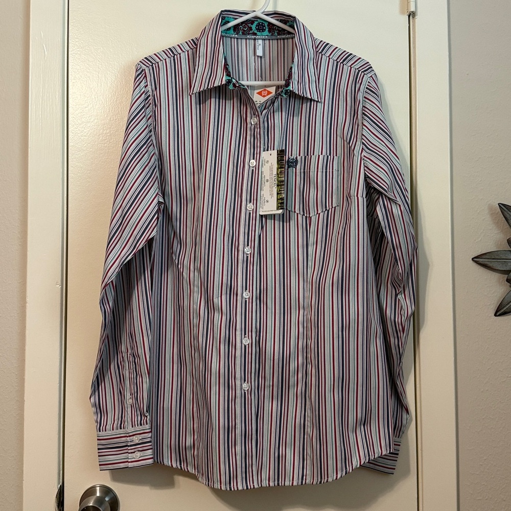 NWT Cinch Tencel Women's Striped Button-Up Shirt - Red, Blue, White - Picture 4 of 16